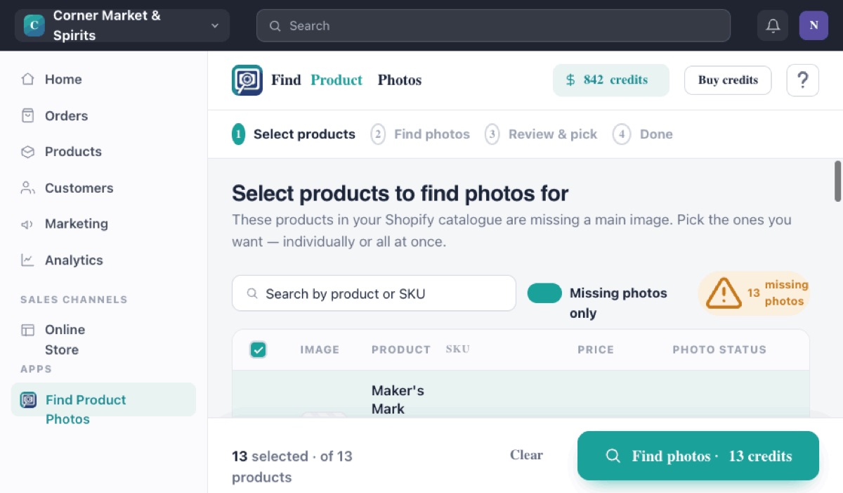 Selecting branded products that are missing images to bulk upload to Shopify